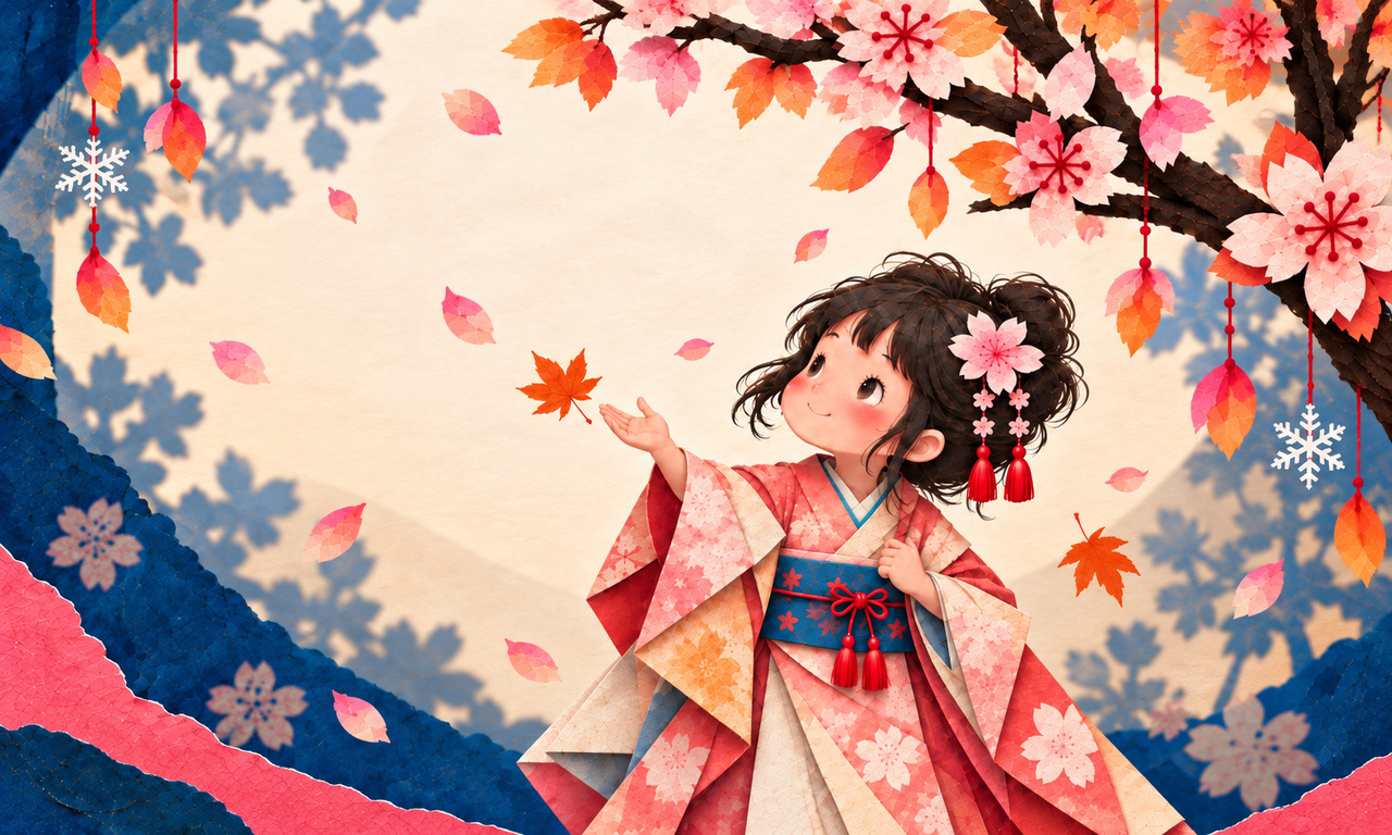 Sakura, petite fille en kimono sous un cerisier en fleurs, illustration du spectacle Sakura, le r&eacute;veil des fleurs